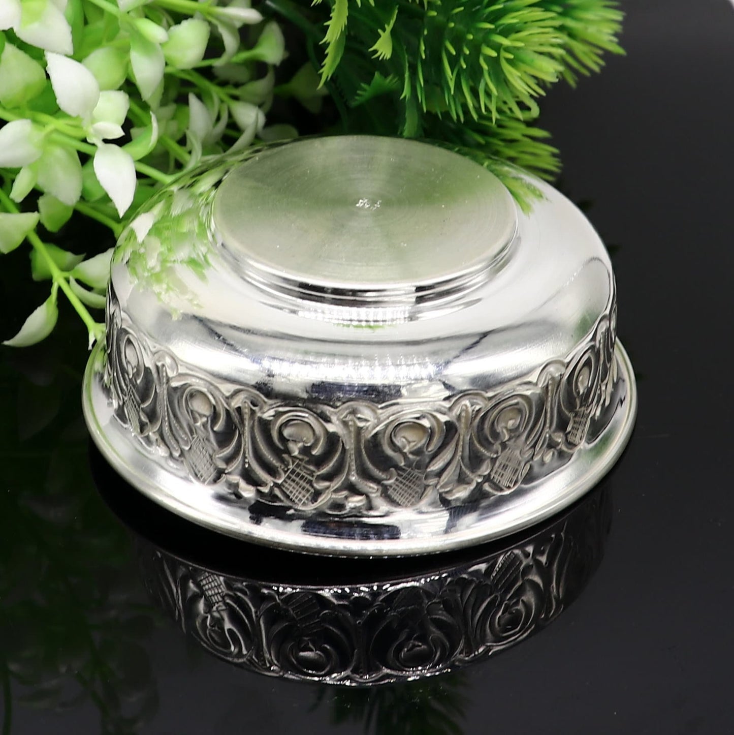 999 fine silver handmade kandrai nakshi work bowl, silver puja vessel, silver worshipping/puja utensils prasad bowl baby bowl sv215 - TRIBAL ORNAMENTS