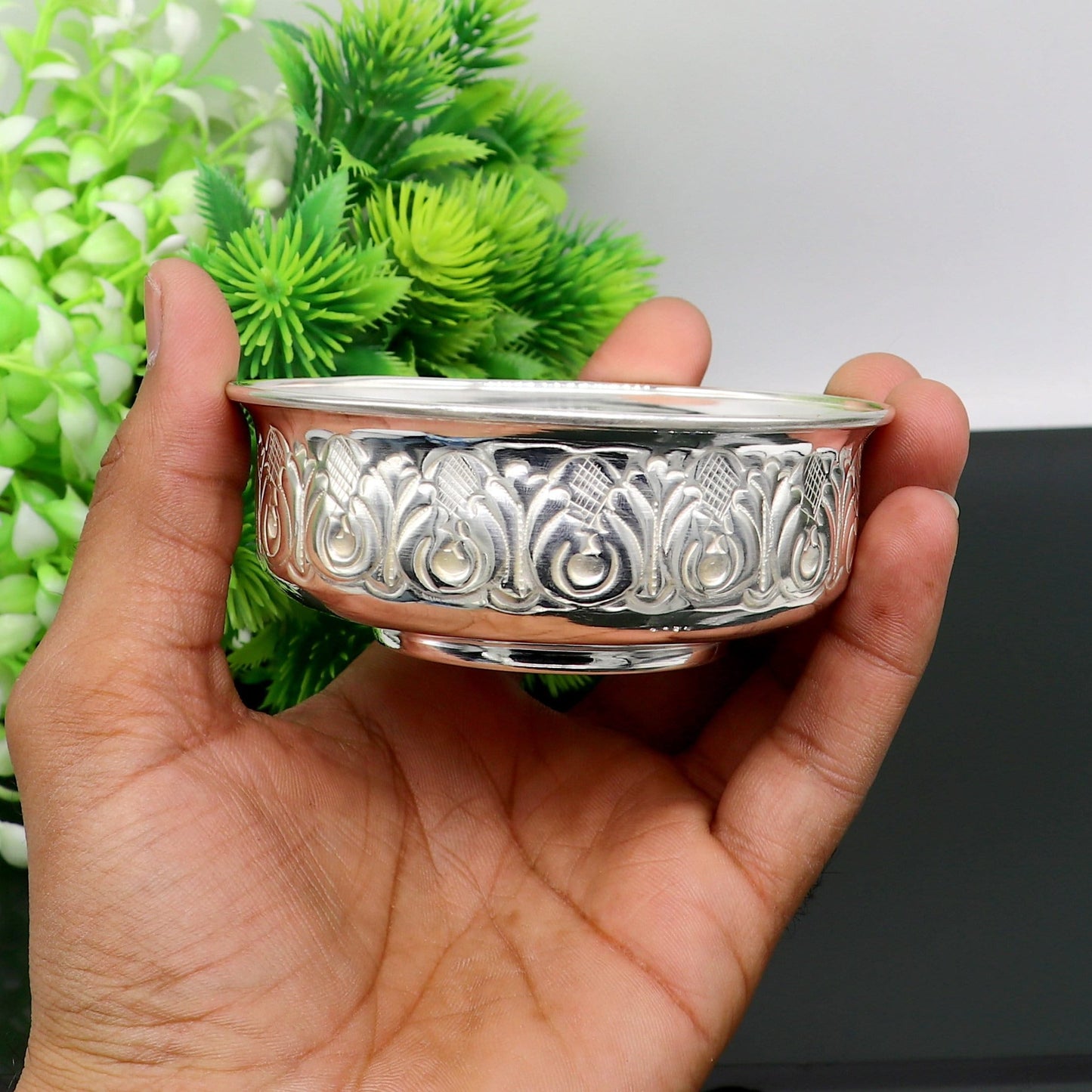 999 fine silver handmade kandrai nakshi work bowl, silver puja vessel, silver worshipping/puja utensils prasad bowl baby bowl sv215 - TRIBAL ORNAMENTS