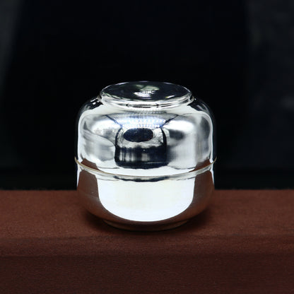 Handmade shiny 999 fine silver Prasadam box with intricate tribal design, small container for puja utensils, by TRIBAL ORNAMENTS.