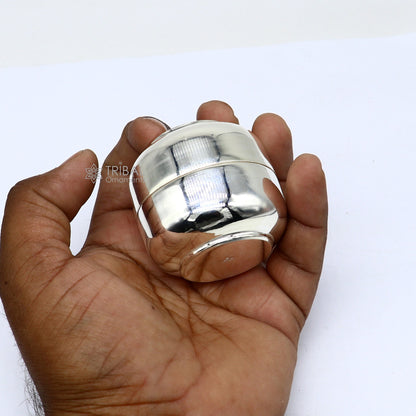 Handmade 999 fine silver Prasadam box with shiny finish, small trinket and container box for puja utensils by TRIBAL ORNAMENTS
