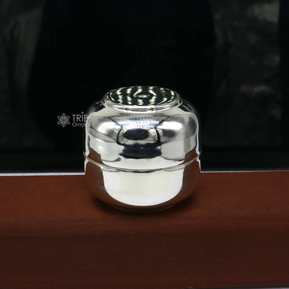 Shiny handmade 999 fine silver Prasadam box by Tribal Ornaments, small trinket container for puja utensils and sacred offerings.