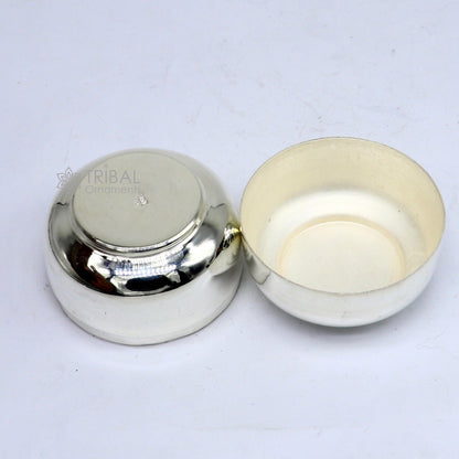 Handmade 999 fine silver small prasadam box with shiny finish, ideal for puja utensils or trinkets, by TRIBAL ORNAMENTS.