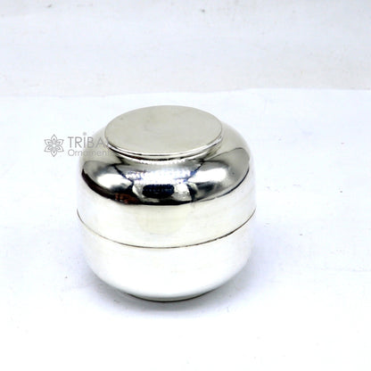 Shiny small 999 fine silver Prasadam box by Tribal Ornaments, handmade trinket container for puja utensils and sacred offerings.
