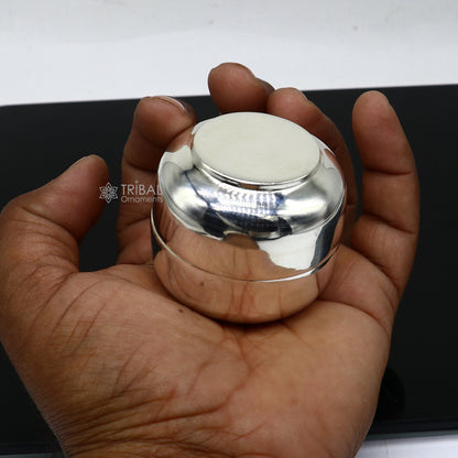 Shiny handmade 999 fine silver Prasadam box by TRIBAL ORNAMENTS, small container for puja utensils and trinkets.