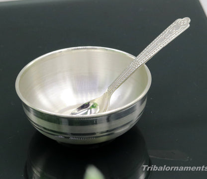 Handmade 999 fine silver baby feeding bowl by TRIBAL ORNAMENTS, small pure silver vessel for home and kitchen use in India.