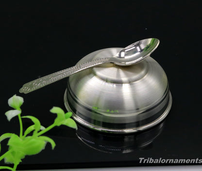 Handmade 999 fine silver baby feeding bowl by TRIBAL ORNAMENTS, small silver vessel for home and kitchen use in India.