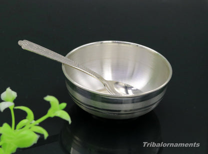 Handmade 999 fine silver baby feeding bowl by Tribal Ornaments, small pure silver vessel for kitchen and home use in India.