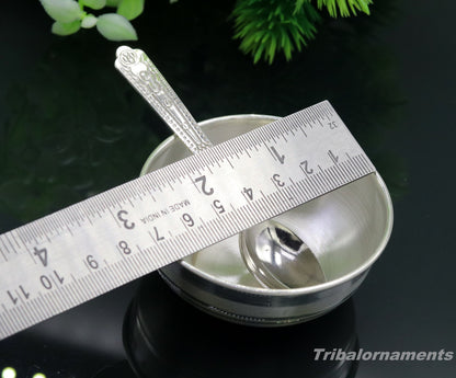 Handmade 999 fine silver baby feeding bowl by Tribal Ornaments, small pure silver vessel for home and kitchen use.