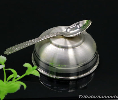 Handmade 999 fine silver baby feeding bowl by TRIBAL ORNAMENTS, small pure silver vessel for home and kitchen use in India