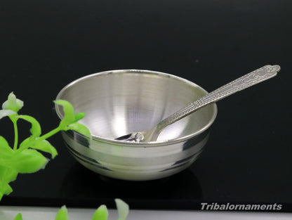Handmade 999 fine silver baby feeding bowl by TRIBAL ORNAMENTS, small pure silver vessel for home and kitchen use.