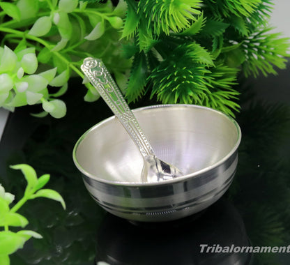 Handmade 999 fine silver baby feeding bowl by TRIBAL ORNAMENTS, small pure silver vessel for kitchen and home use in India.
