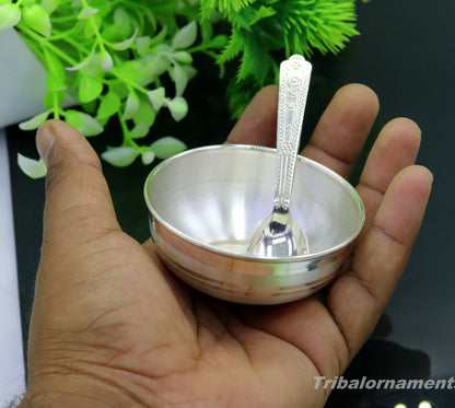 Handmade 999 fine silver baby feeding bowl by TRIBAL ORNAMENTS, small pure silver vessel for home and kitchen use in India.