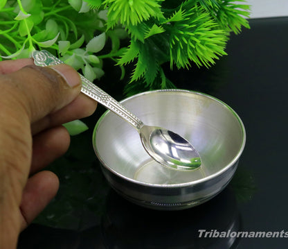 Handmade small silver baby feeding bowl by TRIBAL ORNAMENTS, crafted from 999 fine silver, ideal for home and kitchen use.