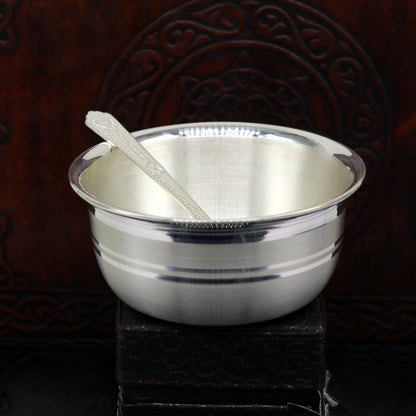 Handmade 999 fine silver bowl and spoon set for food serving, traditional silver puja bowl by TRIBAL ORNAMENTS.