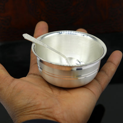 Handmade 999 fine silver bowl and spoon set for food serving, traditional silver puja bowl by TRIBAL ORNAMENTS.