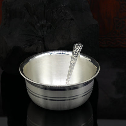 Handmade 999 fine silver bowl and spoon set for food serving, traditional silver puja bowl by TRIBAL ORNAMENTS.