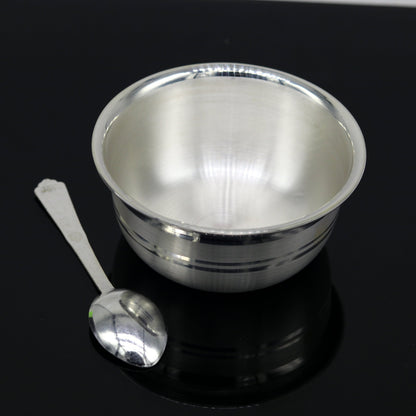 Handmade 999 fine silver bowl and spoon set for food serving, traditional silver puja bowl by TRIBAL ORNAMENTS.