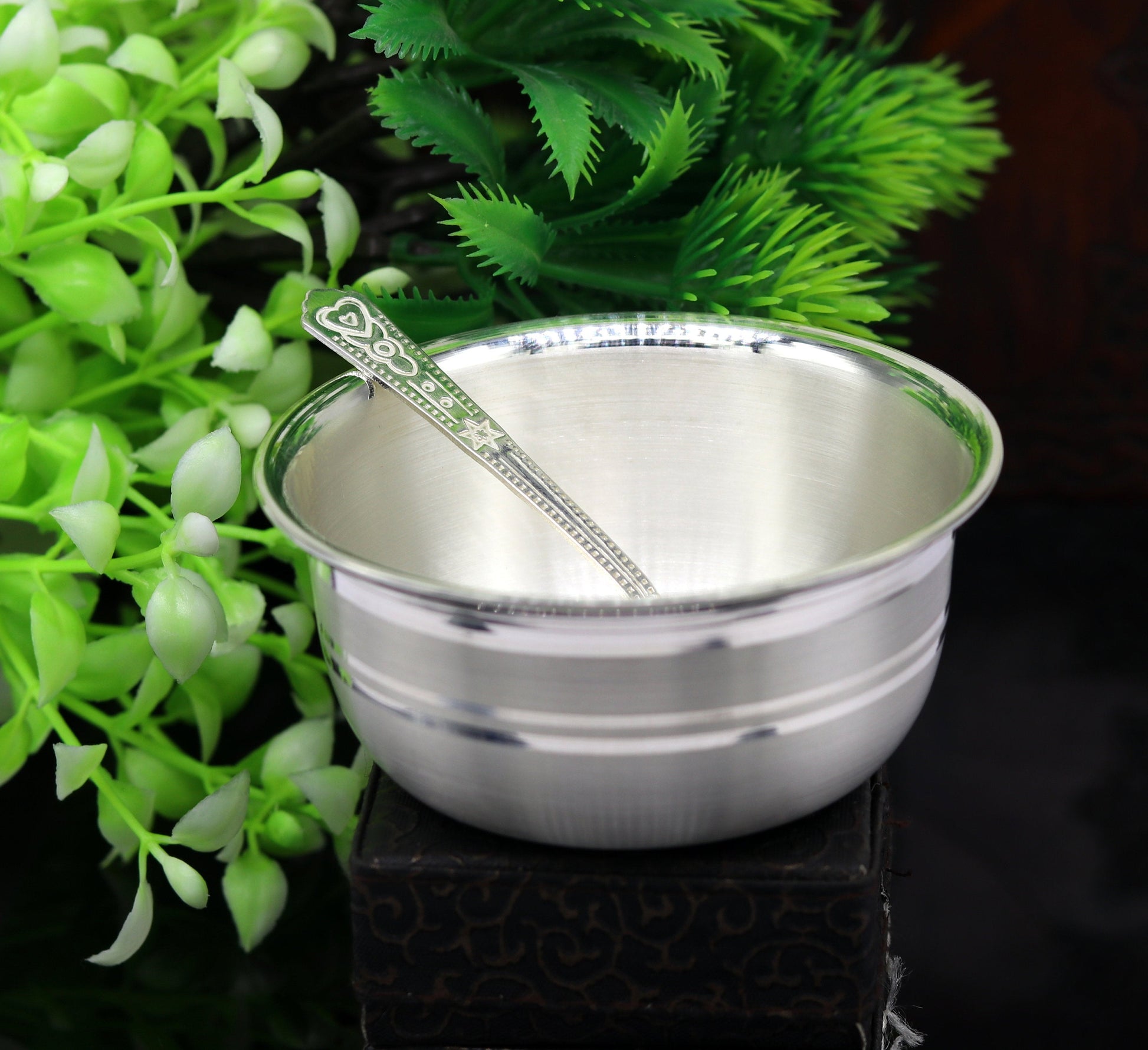 999 fine silver handmade solid bowl and spoon, healthy serving bowl, food serving utensils set, silver puja bowl best gift to baby sv174 - TRIBAL ORNAMENTS