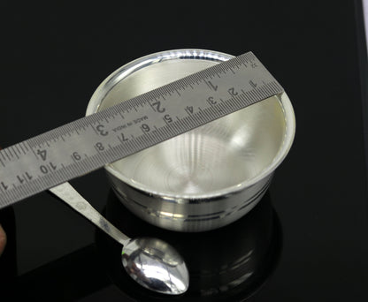 TRIBAL ORNAMENTS 999 fine silver handmade solid bowl and spoon set for food serving, traditional silver puja bowl, gift for baby.