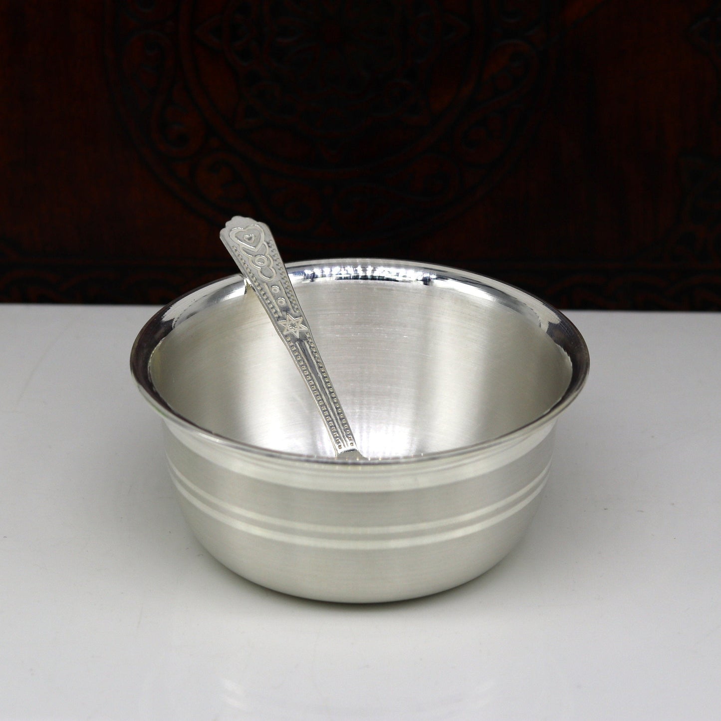 999 fine silver handmade solid bowl and spoon, healthy serving bowl, food serving utensils set, silver puja bowl best gift to baby sv174 - TRIBAL ORNAMENTS