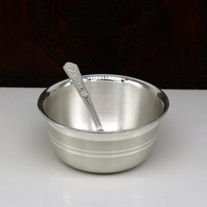 Handmade 999 fine silver bowl and spoon set by TRIBAL ORNAMENTS, traditional food serving utensils and puja bowl for gifting or rituals.