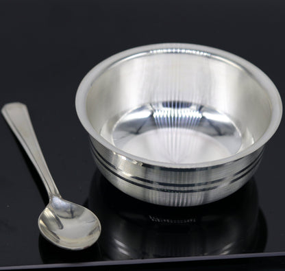 Handmade 999 fine silver bowl and spoon set from TRIBAL ORNAMENTS, ideal for baby food and traditional puja rituals.