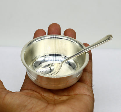 Handmade 999 fine silver bowl and spoon set by TRIBAL ORNAMENTS, ideal for baby food and traditional puja ceremonies.