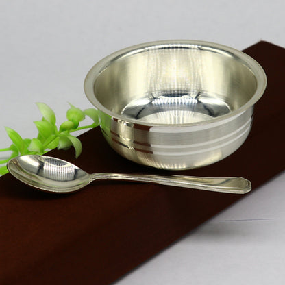 Handmade 999 silver bowl and spoon set by Tribal Ornaments, ideal for baby food, kitchen use, or puja ceremonies.