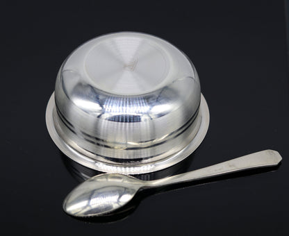 Handmade 999 fine silver bowl and spoon set by TRIBAL ORNAMENTS, ideal for baby food and traditional puja ceremonies.