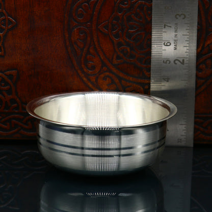 Handmade 999 fine silver baby food bowl and spoon set by Tribal Ornaments, traditional silver utensils for baby feeding and puja.