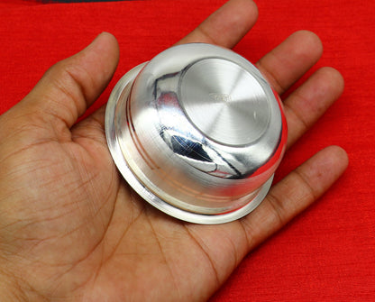Handmade 999 fine silver baby food bowl and utensils set from Tribal Ornaments, traditional silver kitchen and puja article.