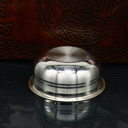Handmade 999 fine silver baby food bowl and utensils from TRIBAL ORNAMENTS, traditional silver kitchen set and puja article.