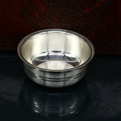 Handmade 999 fine silver baby food bowl and utensils set by TRIBAL ORNAMENTS, traditional silver vessel for kitchen or puja use.