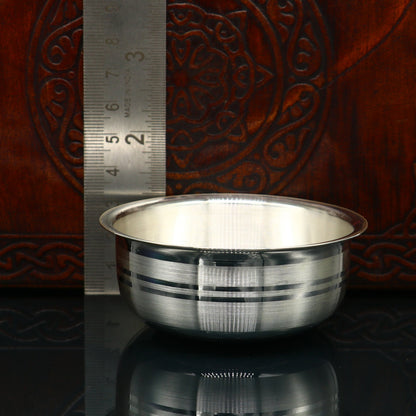 Handmade 999 fine silver baby food bowl and utensils set by TRIBAL ORNAMENTS, traditional silver kitchen and puja articles.