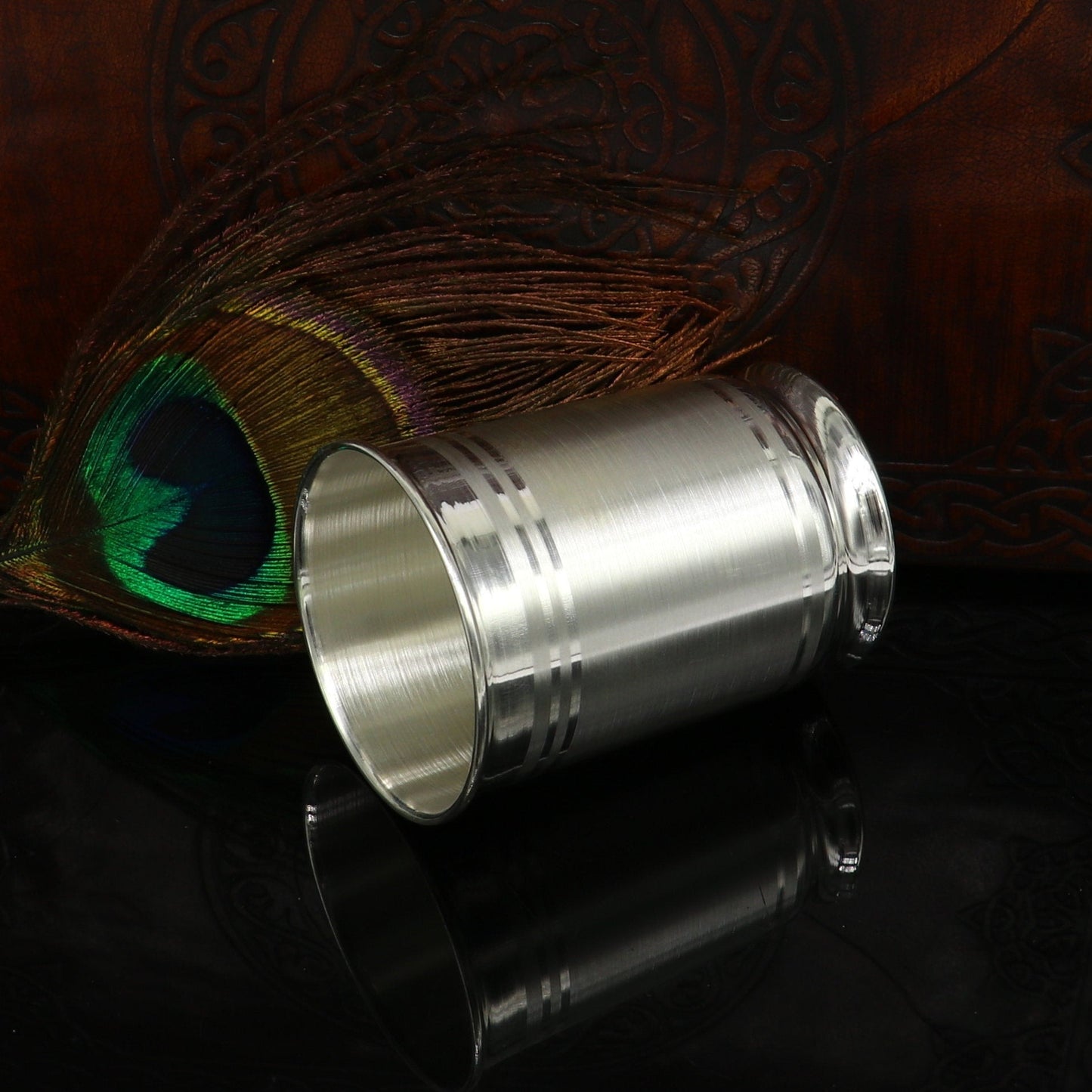 999 fine silver vessel and glass tumbler set by TRIBAL ORNAMENTS, includes silver flask and utensils for babies and kids.