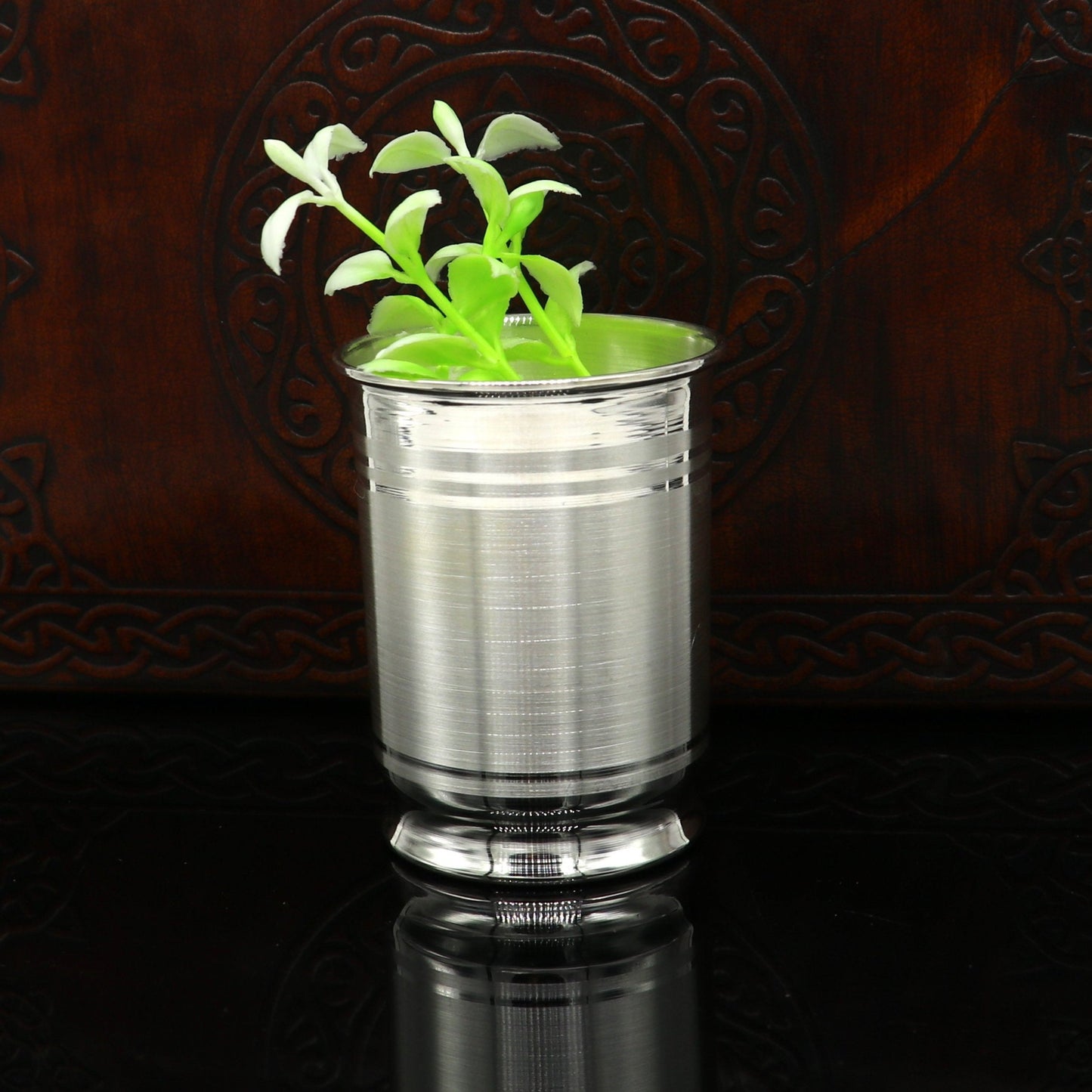 Handmade 999 fine silver water/milk glass tumbler and baby silver utensils by Tribal Ornaments, ideal for healthy gifting.