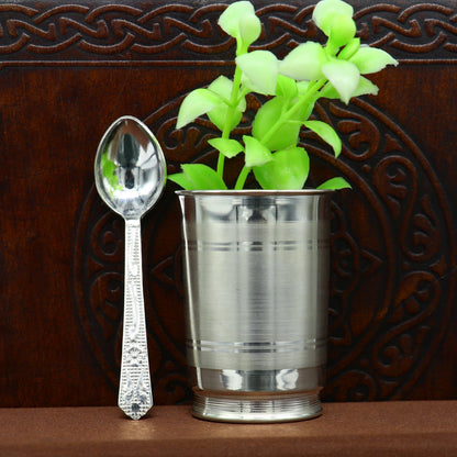 Handmade 999 fine silver water and milk tumbler, baby silver cup, and spoon utensils for health from Tribal Ornaments.
