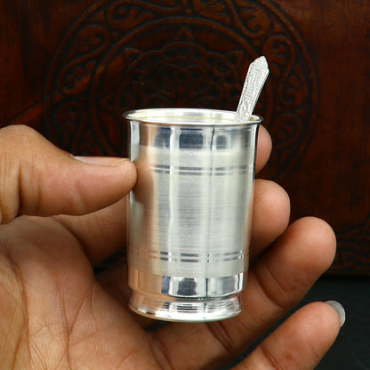 Handmade 999 fine silver water and milk glass tumbler with matching silver flask, cup, and spoon for kids by Tribal Ornaments