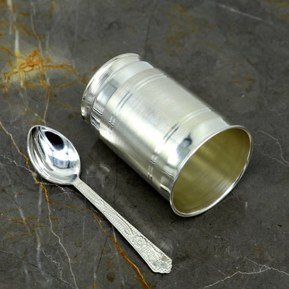 Handmade 999 fine silver water and milk tumbler, baby silver cup, and spoon utensils by TRIBAL ORNAMENTS for health and hygiene
