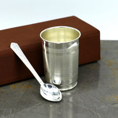 Handmade 999 fine silver water and milk tumbler with matching silver cup and spoon for kids, designed for health and hygiene.