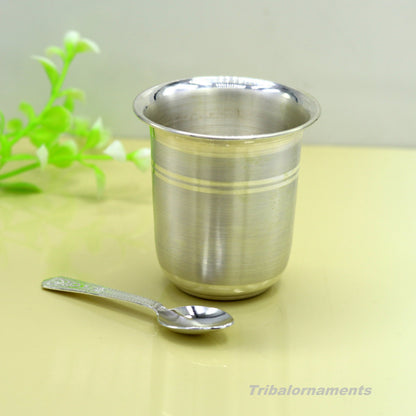 Handmade 999 fine silver water and milk tumbler, silver flask, and baby silver utensils set by TRIBAL ORNAMENTS.