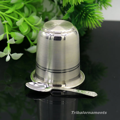 Handmade 999 fine silver water and milk tumbler with silver flask and baby silver utensils set by Tribal Ornaments.