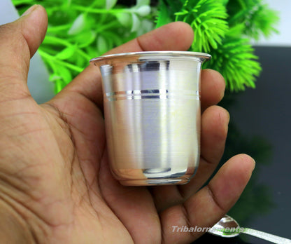 Handmade 999 fine silver water and milk tumbler set by Tribal Ornaments, includes silver flask and utensils for kids and babies.