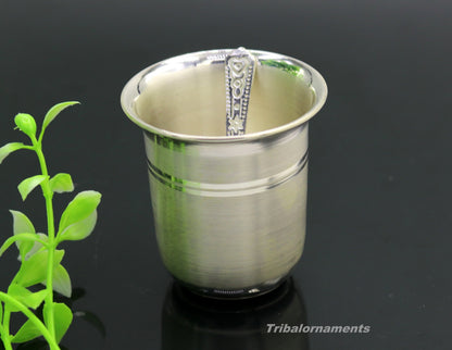 Handmade 999 fine silver water and milk tumbler, silver flask, and baby silver utensils set by TRIBAL ORNAMENTS for health.
