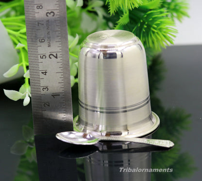 Handmade 999 fine silver water and milk tumbler, silver flask, and kids utensils set by TRIBAL ORNAMENTS for healthy living.