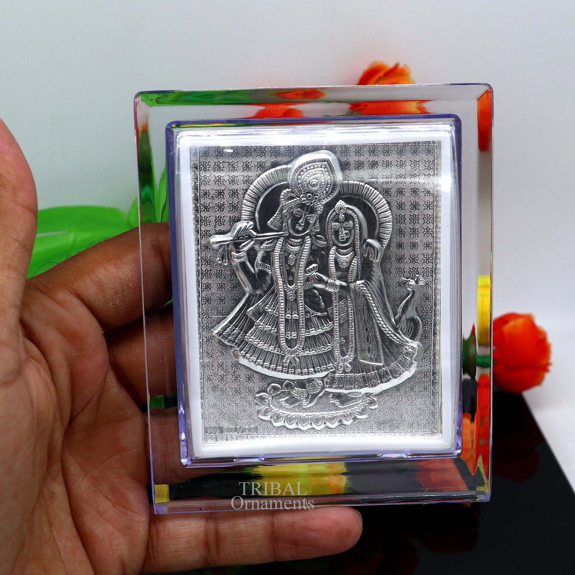999 fine silver Lord Krishna and Radha frame, best light weight gifting puja article from india su747 - TRIBAL ORNAMENTS