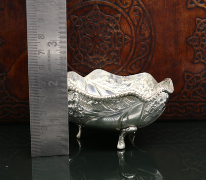 Fine silver vintage worshipping puja bowl with intricate design, ideal for prasadam and idol offerings in Hindu rituals.