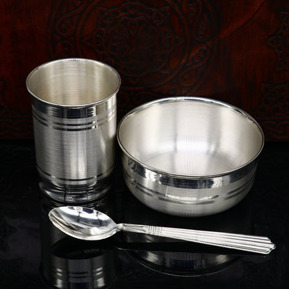 Tribal Ornaments 999 fine silver baby food utensils set with water glass, bowl, tumbler, and spoon, crafted in elegant silver.