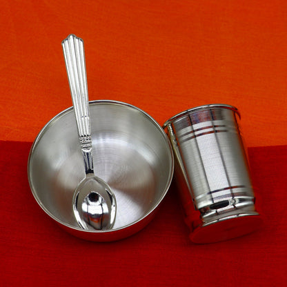 Fine silver water, milk glass, bowl, spoon, and baby food utensils set by Tribal Ornaments, showcasing intricate silver craftsmanship.