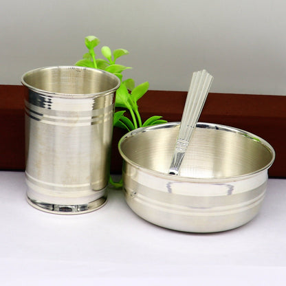 Fine silver water and milk glass set with matching bowl, spoon, and baby food utensils by Tribal Ornaments.